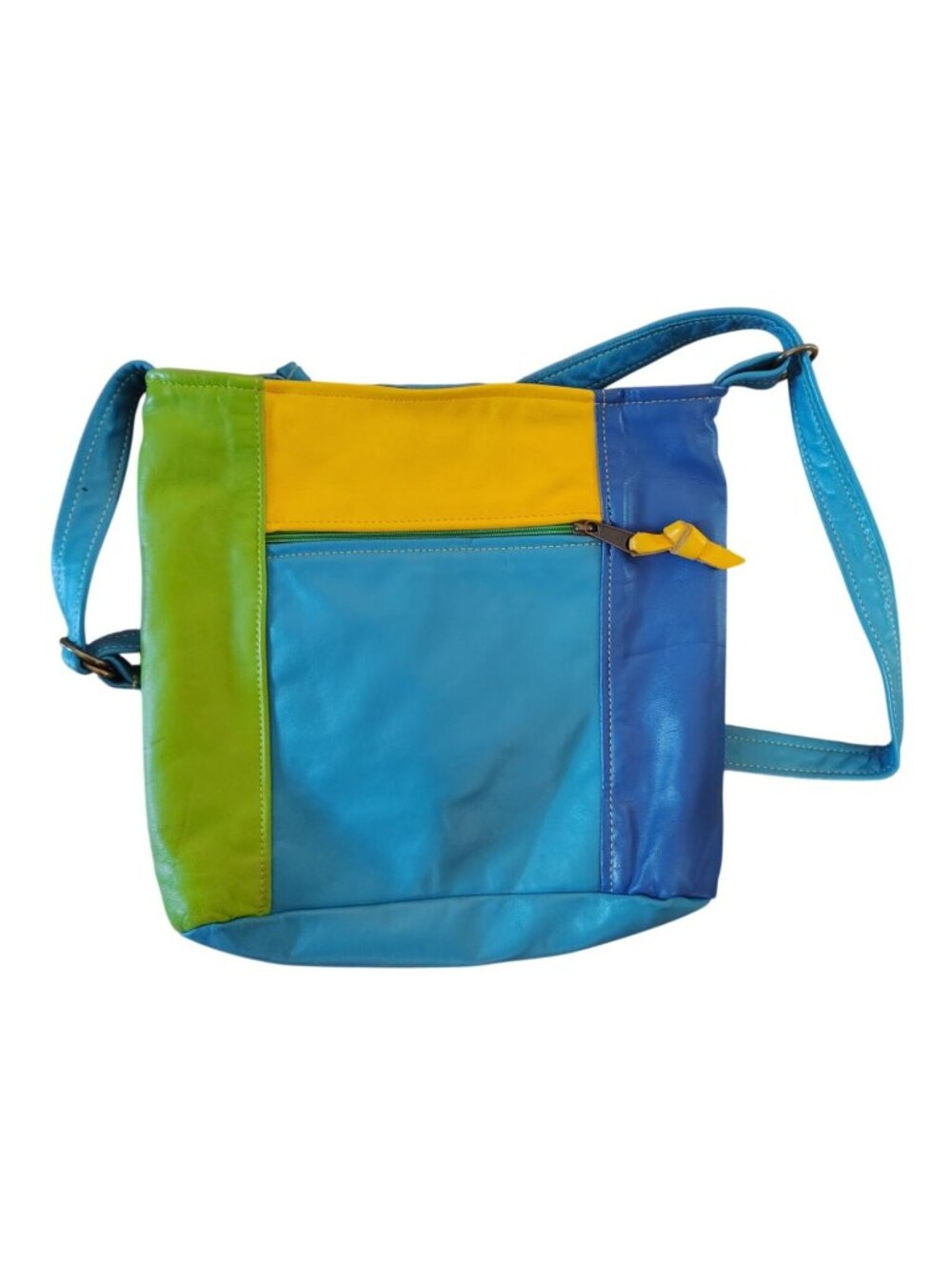 Purse Peddlers Handmade Leather Color Block, Adjustable Strap Blue Yellow Green